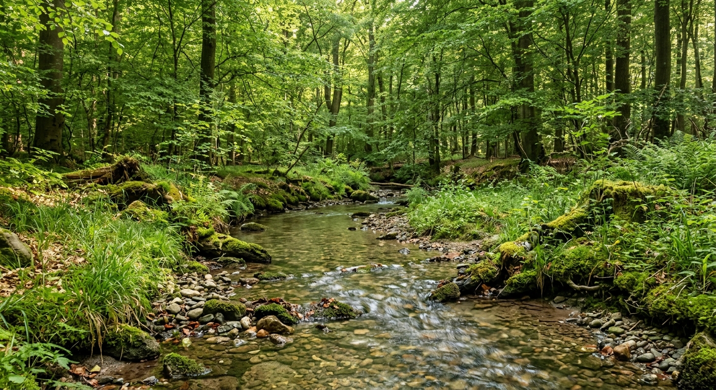 Rolig skovbæk med trillende vand og skov omkring
